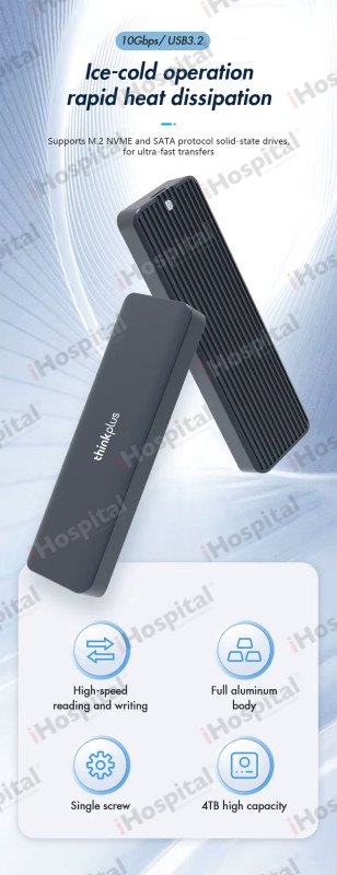 Lenovo ThinkPlus K02 M.2 NVMe/SATA SSD Enclosure – USB-C 3.2 Gen 2, 10Gbps