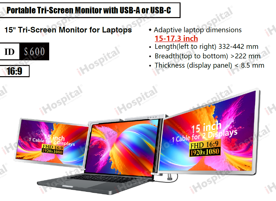 S600 Portable Triple-Screen Monitor – 15 Inches, 1-Cable