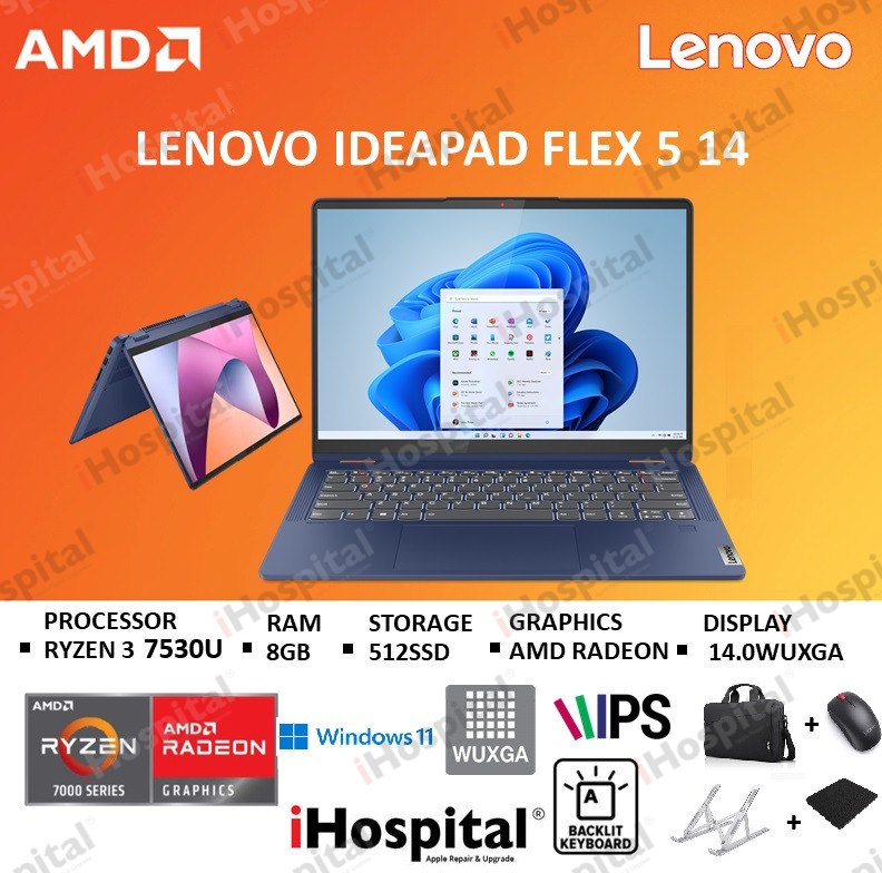 Laptop Lenovo Flex 5 14" X360 Toushscreen Ryzen 5 7530U 8GB RAM 512GB Storage Win 11 Abyss Blue + Free Lenovo Case T210 + Laptop Stand + Lenovo M25 Mouse + Mouse Pad