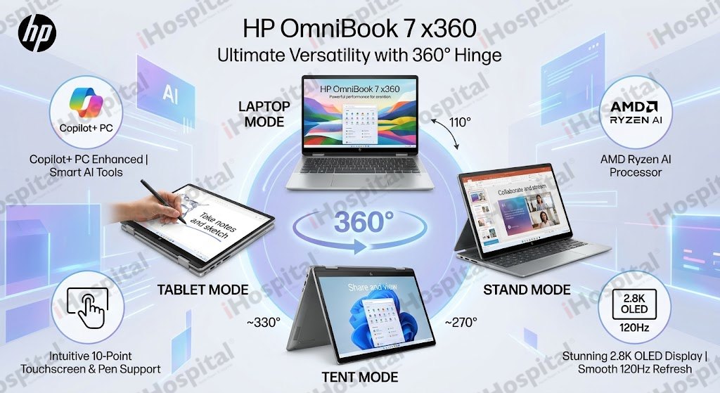 HP OmniBook 7 x360 16-cc0033 2-in-1 Convertible 16 Inches 2.8K 120Hz OLED Touchscreen, AMD Ryzen AI 9 465, 32GB RAM, 1TB SSD, Win 11 - Glacier Silver