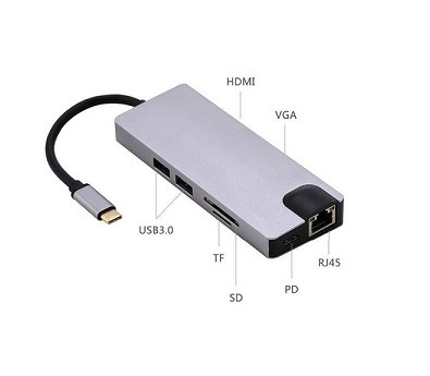 ADAPTER TYPE-C HUB WITH USB 3.0 x 2 + HDMI + VGA + GIGABIT ETHERNET  8 IN 1 TYPE_C TO HDMI USB-C + CARD  READER