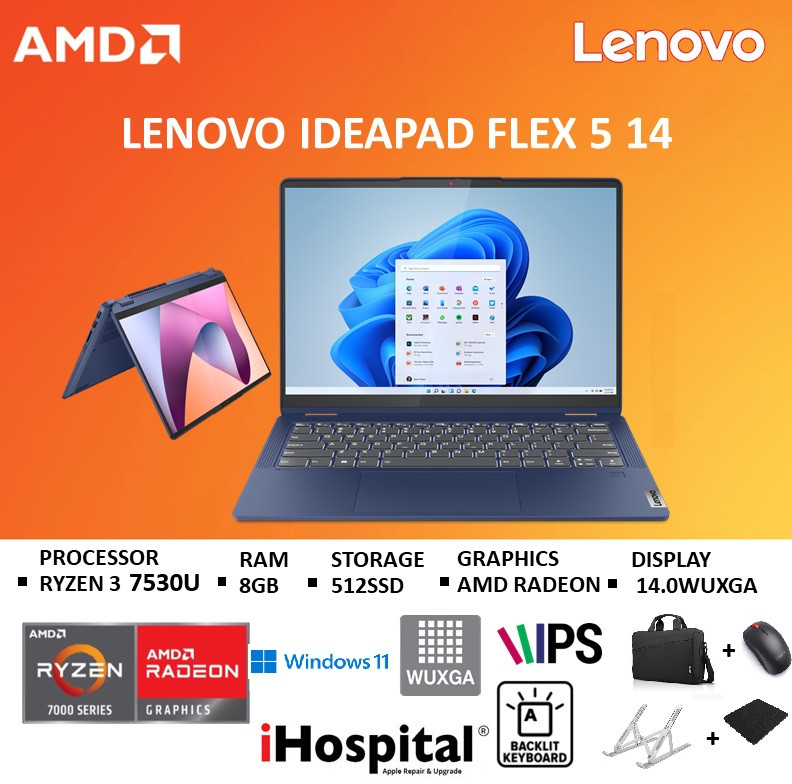 LAPTOP LENOVO FLEX 5 14"  X360 TOUSHSCREEN  RYZEN 5 7530U 8GB RAM  512GB STORAGE WIN 11 ABYSS BLUE + FREE LENOVO CASE T210 + LAPTOP STAND + LENOVO M25 MOUSE + MOUSE PAD